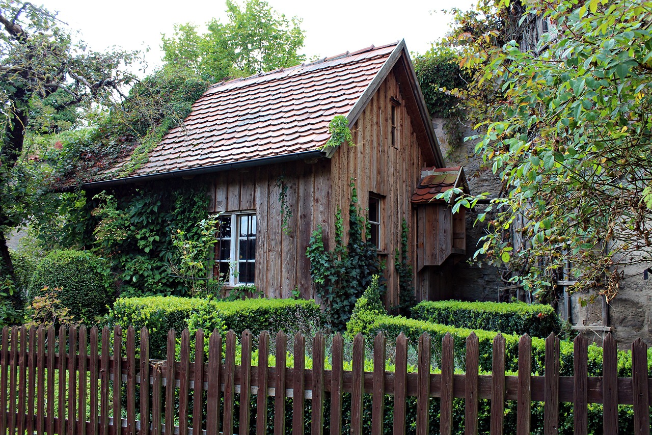 a weathered wooden cottage behind a low garden fence, ivy creeping over its walls